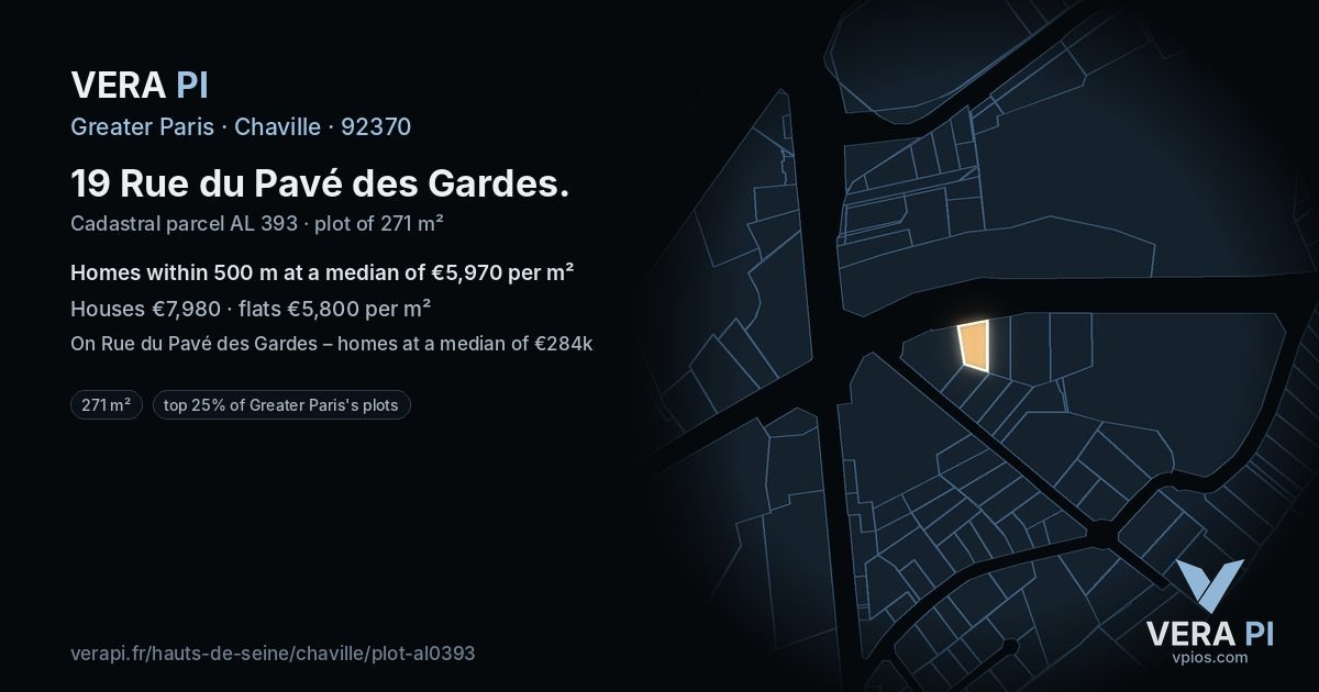 19 Rue du Pavé des Gardes, Chaville at night – the plot lit, the parcels around coloured by the prices near them