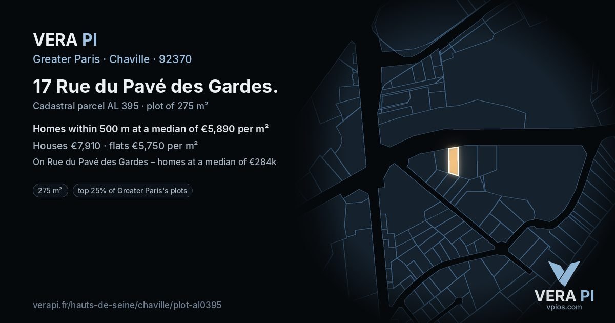 17 Rue du Pavé des Gardes, Chaville at night – the plot lit, the parcels around coloured by the prices near them