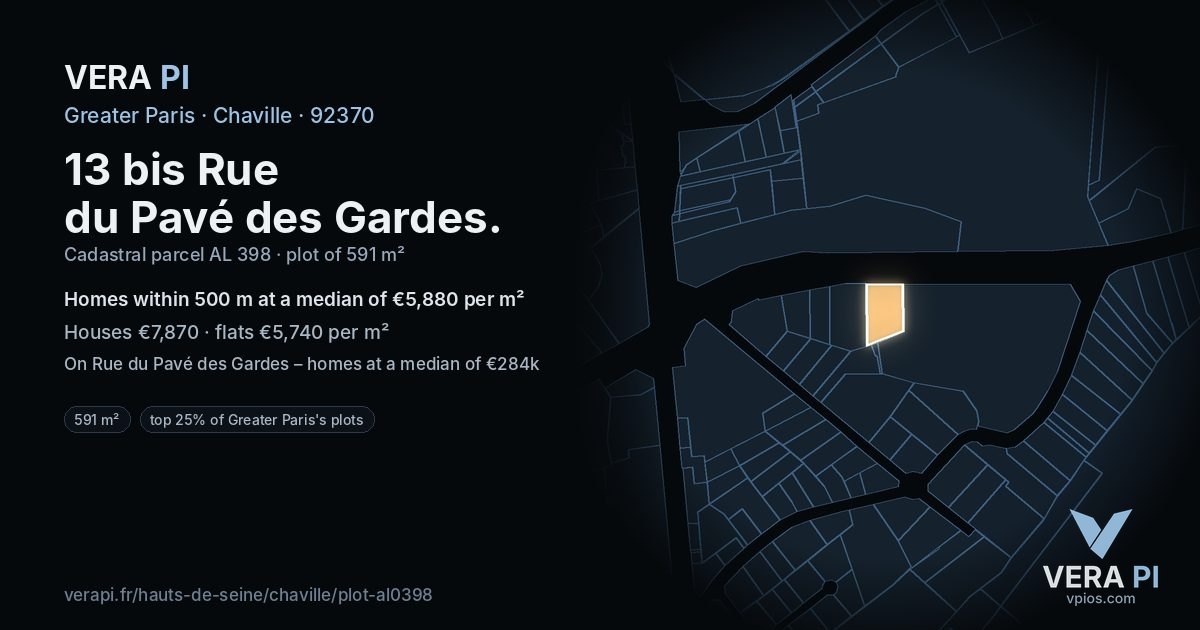 13 bis Rue du Pavé des Gardes, Chaville at night – the plot lit, the parcels around coloured by the prices near them