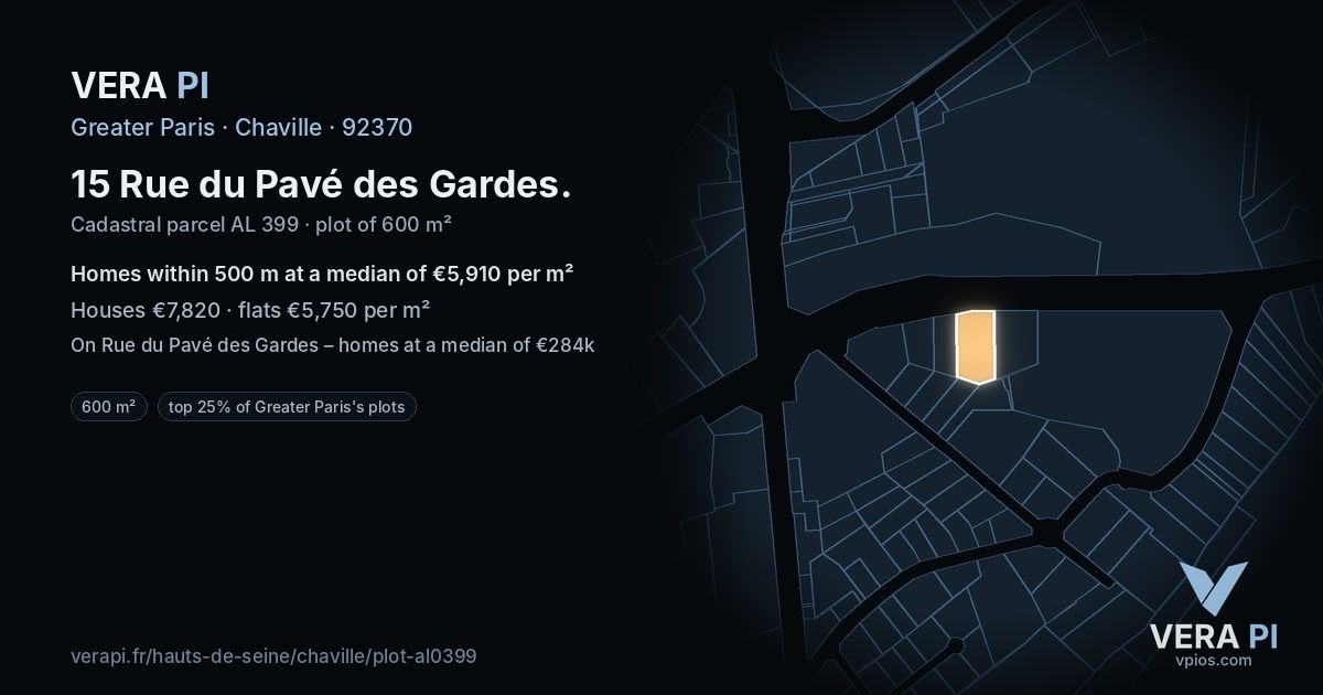 15 Rue du Pavé des Gardes, Chaville at night – the plot lit, the parcels around coloured by the prices near them