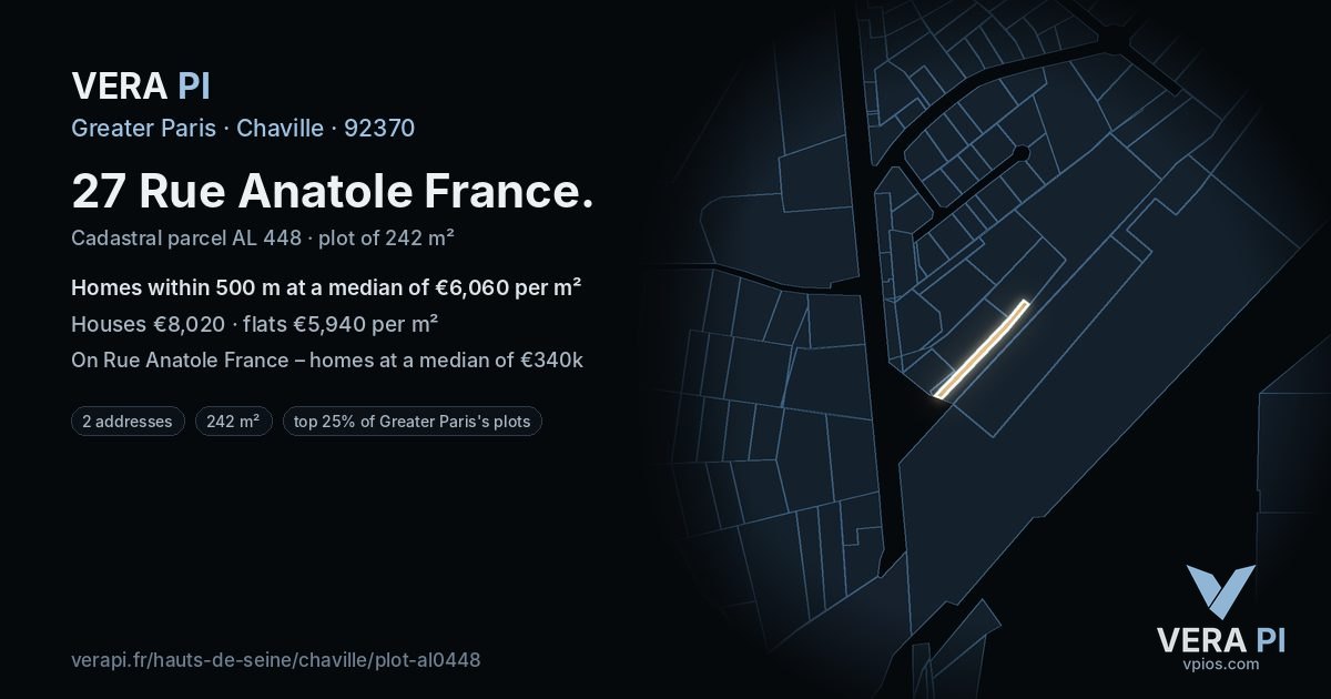 27 Rue Anatole France, Chaville at night – the plot lit, the parcels around coloured by the prices near them
