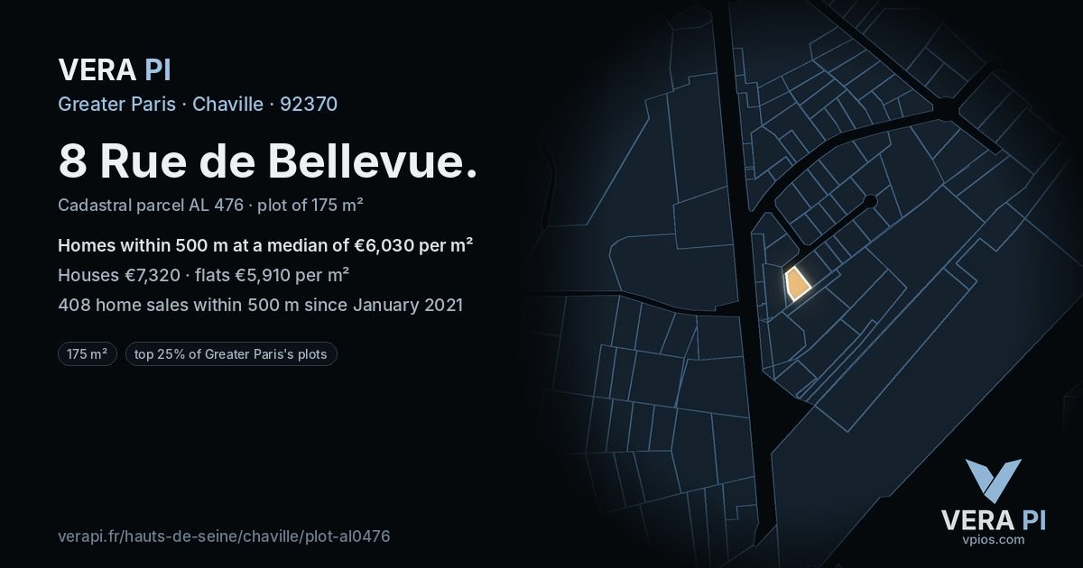 8 Rue de Bellevue, Chaville at night – the plot lit, the parcels around coloured by the prices near them