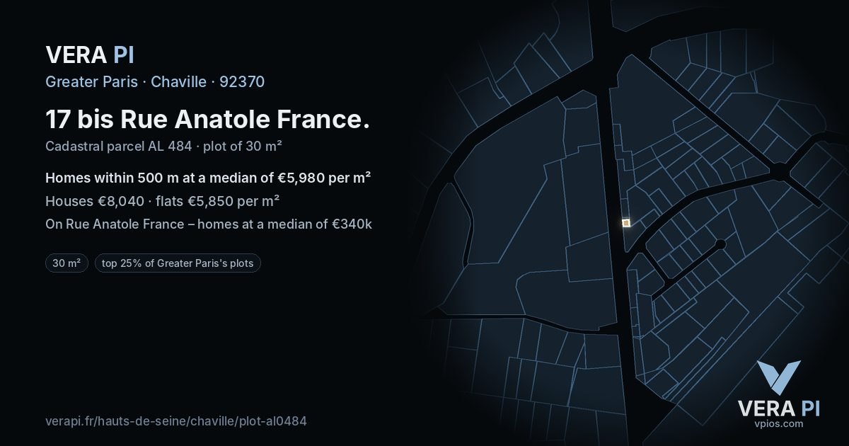 17 bis Rue Anatole France, Chaville at night – the plot lit, the parcels around coloured by the prices near them