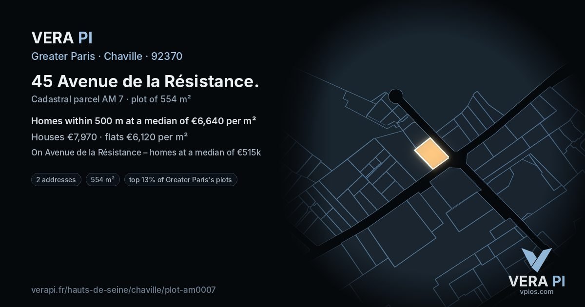 45 Avenue de la Résistance, Chaville at night – the plot lit, the parcels around coloured by the prices near them