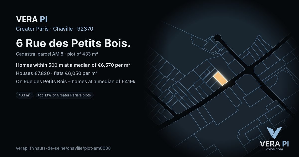 6 Rue des Petits Bois, Chaville at night – the plot lit, the parcels around coloured by the prices near them