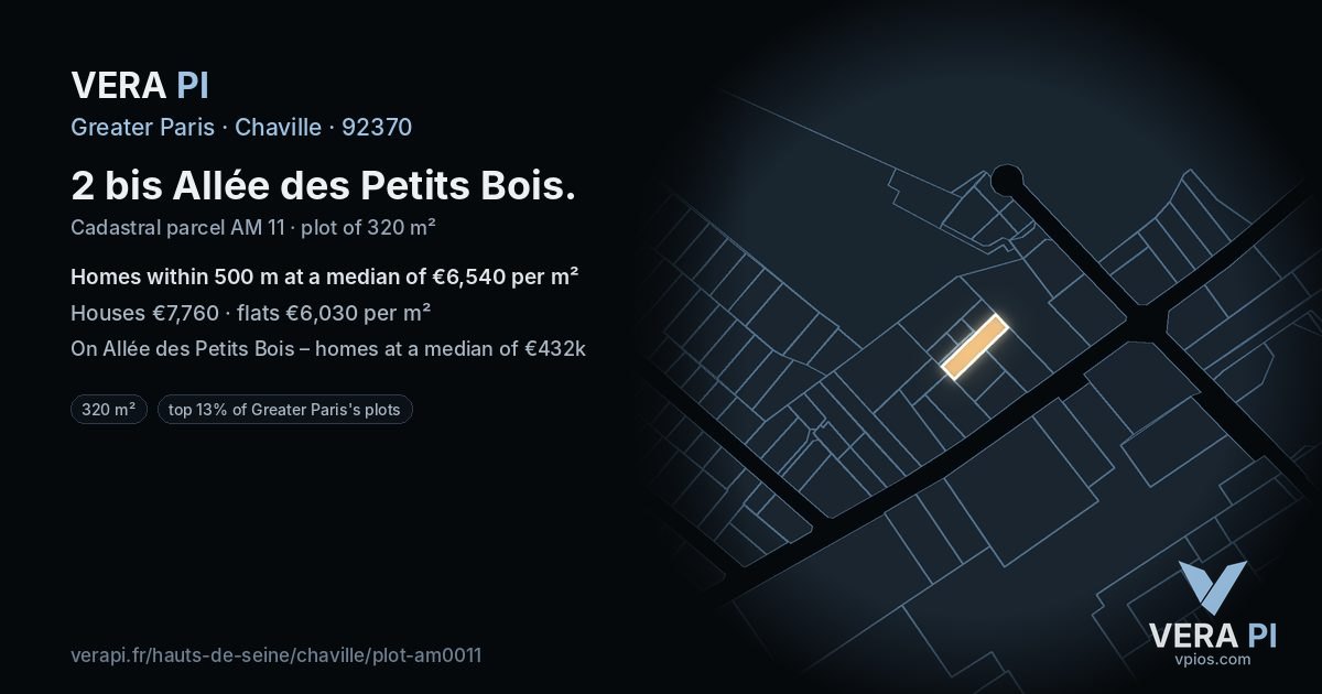 2 bis Allée des Petits Bois, Chaville at night – the plot lit, the parcels around coloured by the prices near them
