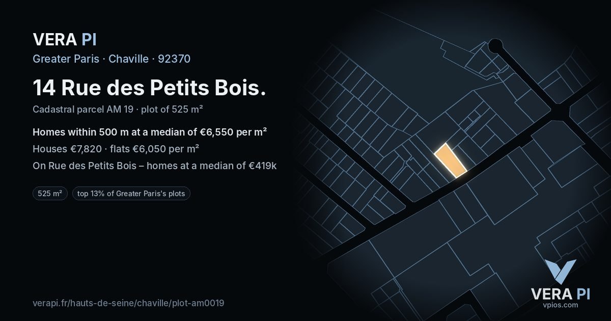 14 Rue des Petits Bois, Chaville at night – the plot lit, the parcels around coloured by the prices near them