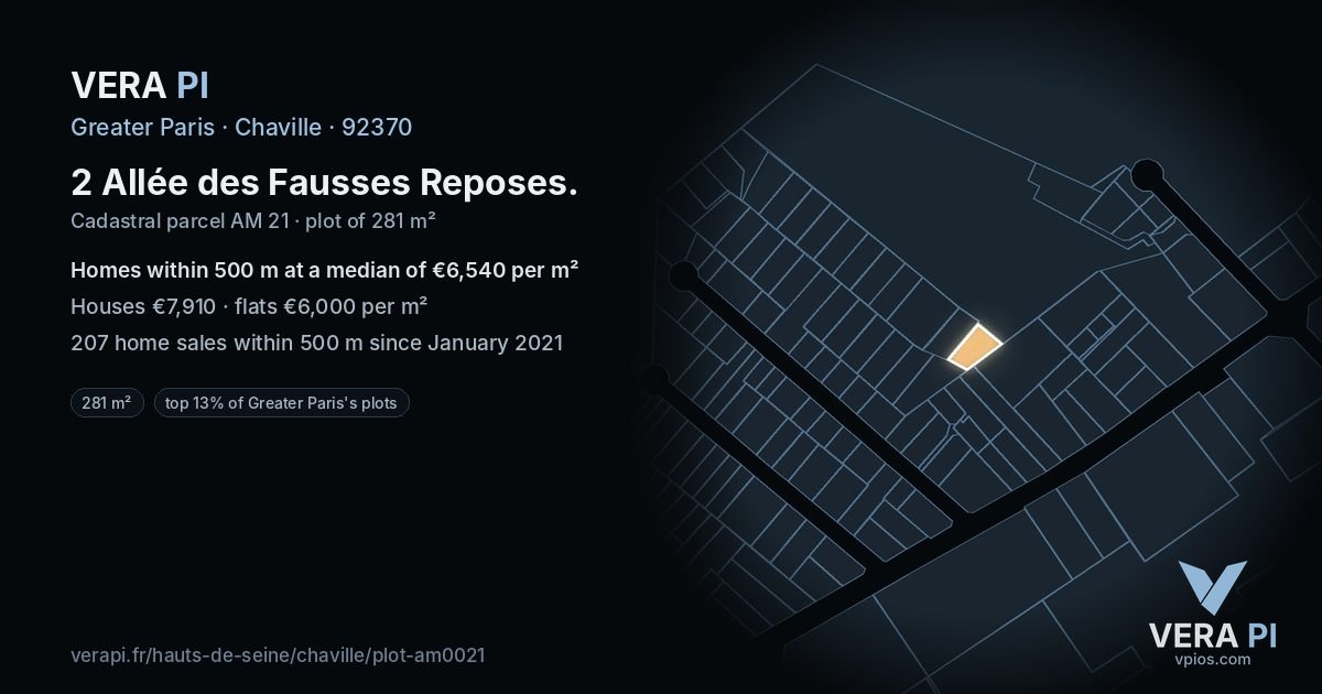 2 Allée des Fausses Reposes, Chaville at night – the plot lit, the parcels around coloured by the prices near them