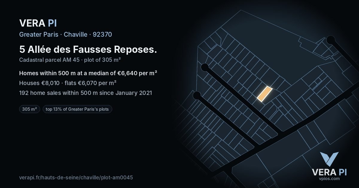 5 Allée des Fausses Reposes, Chaville at night – the plot lit, the parcels around coloured by the prices near them