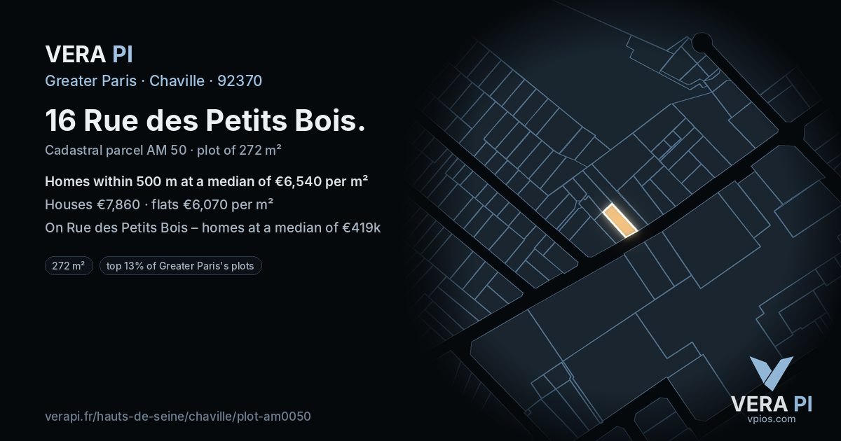 16 Rue des Petits Bois, Chaville at night – the plot lit, the parcels around coloured by the prices near them