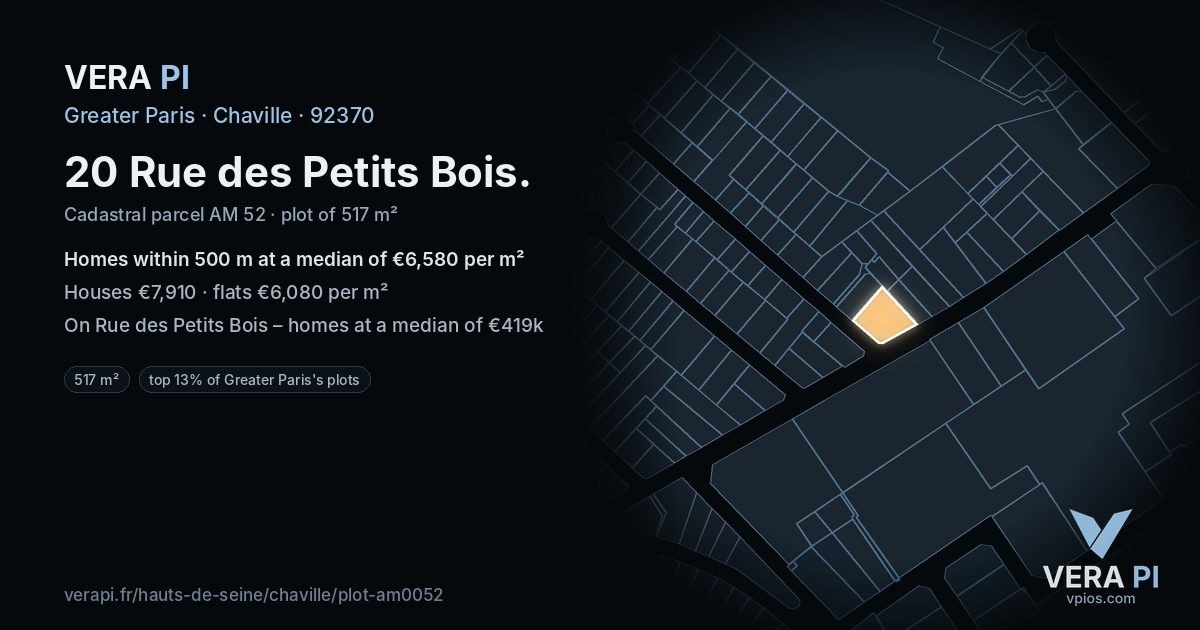 20 Rue des Petits Bois, Chaville at night – the plot lit, the parcels around coloured by the prices near them