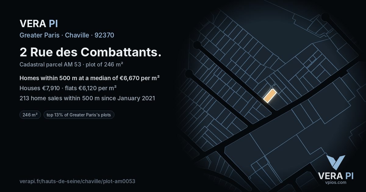 2 Rue des Combattants, Chaville at night – the plot lit, the parcels around coloured by the prices near them