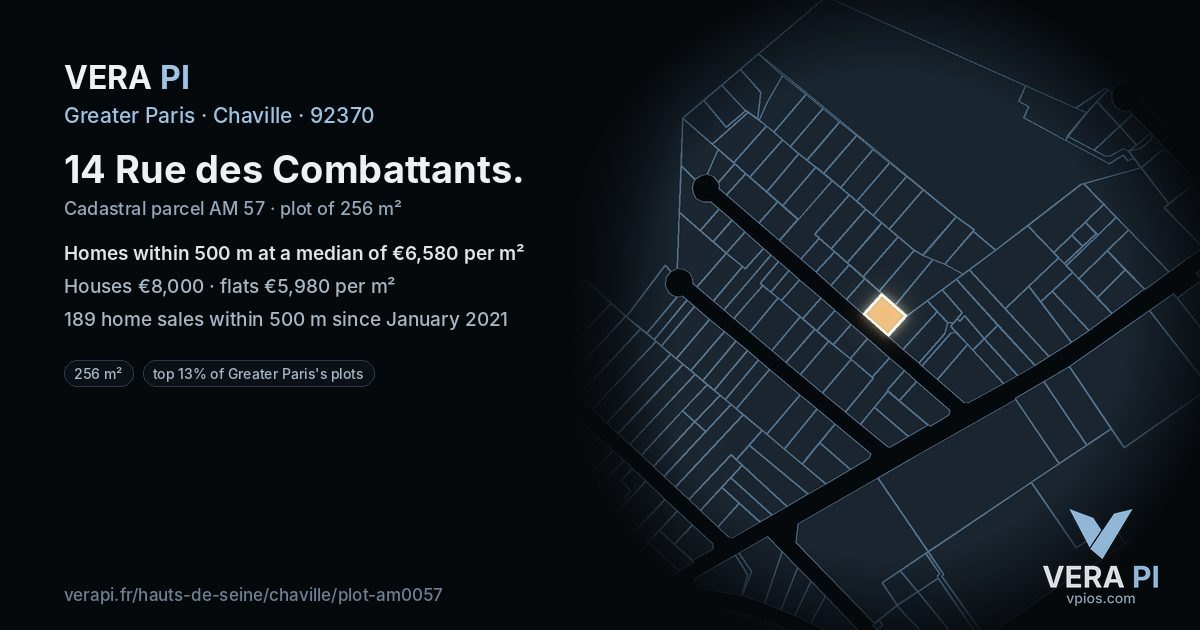 14 Rue des Combattants, Chaville at night – the plot lit, the parcels around coloured by the prices near them