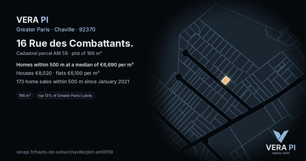 16 Rue des Combattants, Chaville at night – the plot lit, the parcels around coloured by the prices near them