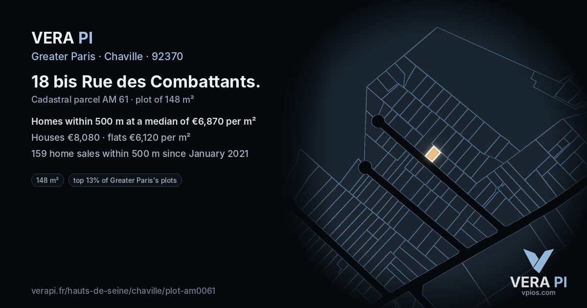 18 bis Rue des Combattants, Chaville at night – the plot lit, the parcels around coloured by the prices near them