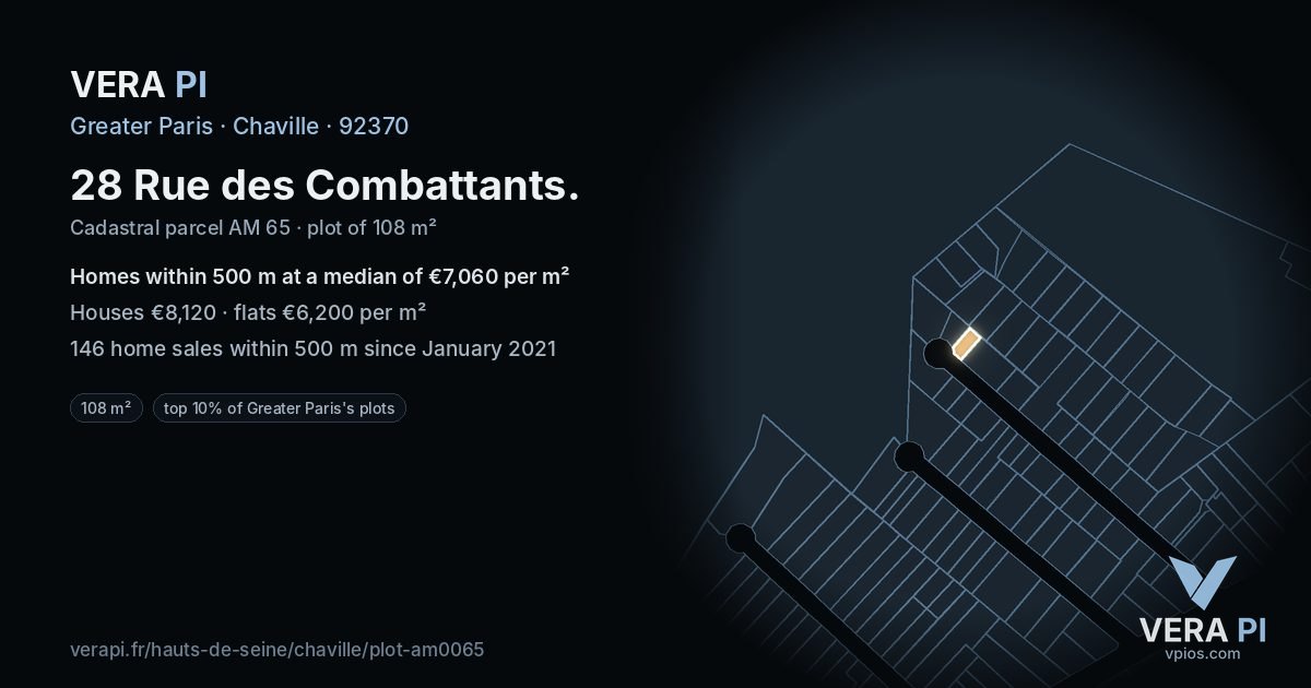 28 Rue des Combattants, Chaville at night – the plot lit, the parcels around coloured by the prices near them