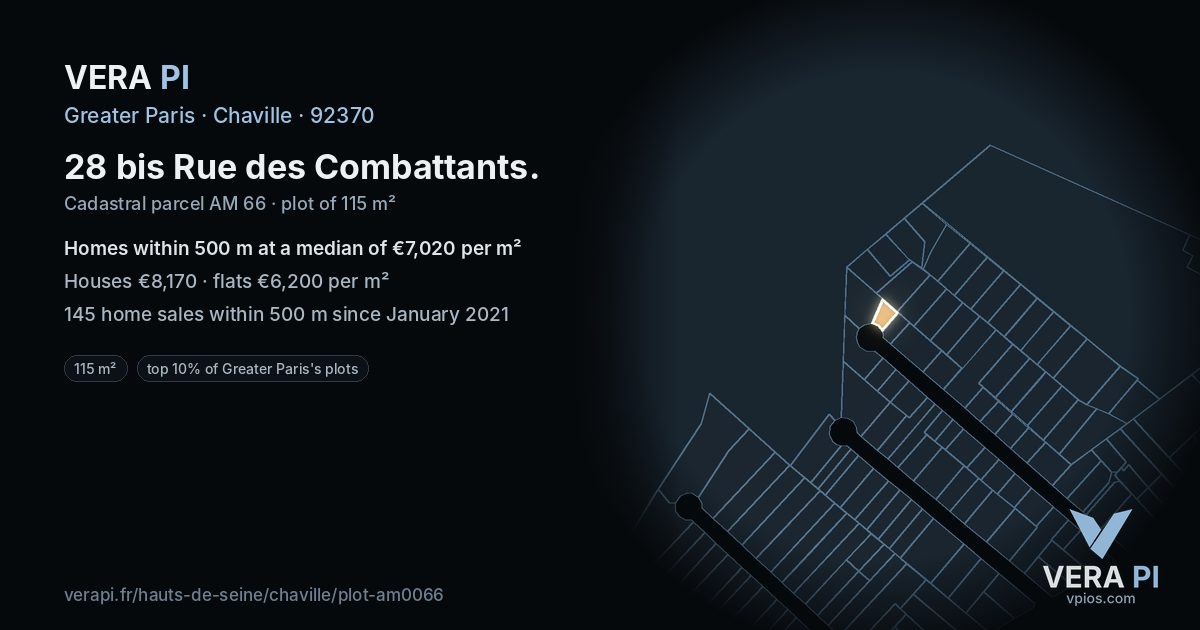 28 bis Rue des Combattants, Chaville at night – the plot lit, the parcels around coloured by the prices near them