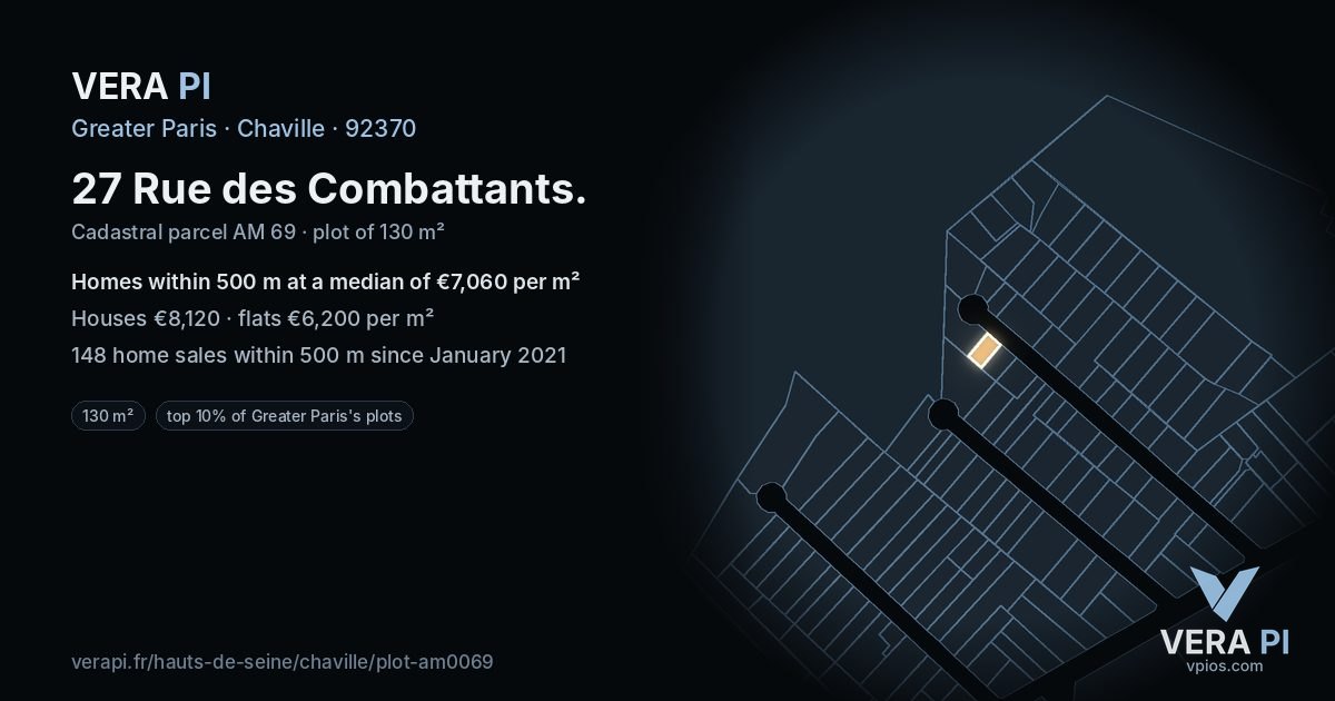 27 Rue des Combattants, Chaville at night – the plot lit, the parcels around coloured by the prices near them