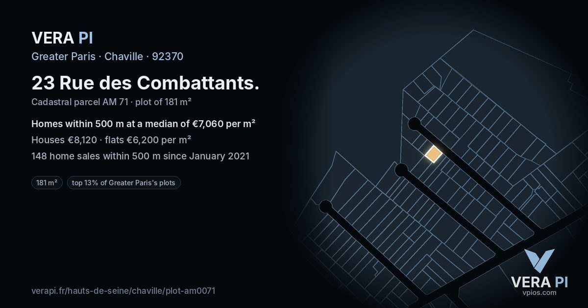 23 Rue des Combattants, Chaville at night – the plot lit, the parcels around coloured by the prices near them