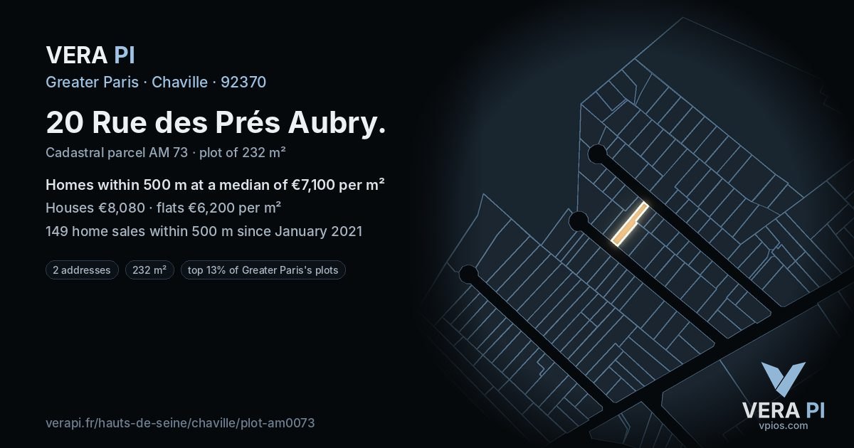 20 Rue des Prés Aubry, Chaville at night – the plot lit, the parcels around coloured by the prices near them