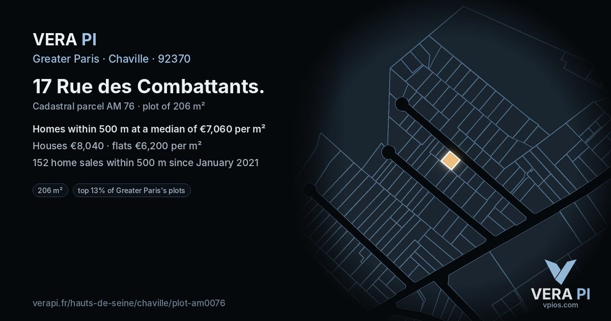 17 Rue des Combattants, Chaville at night – the plot lit, the parcels around coloured by the prices near them