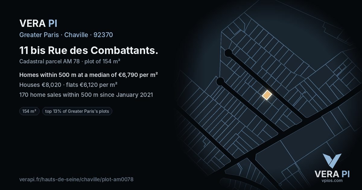 11 bis Rue des Combattants, Chaville at night – the plot lit, the parcels around coloured by the prices near them