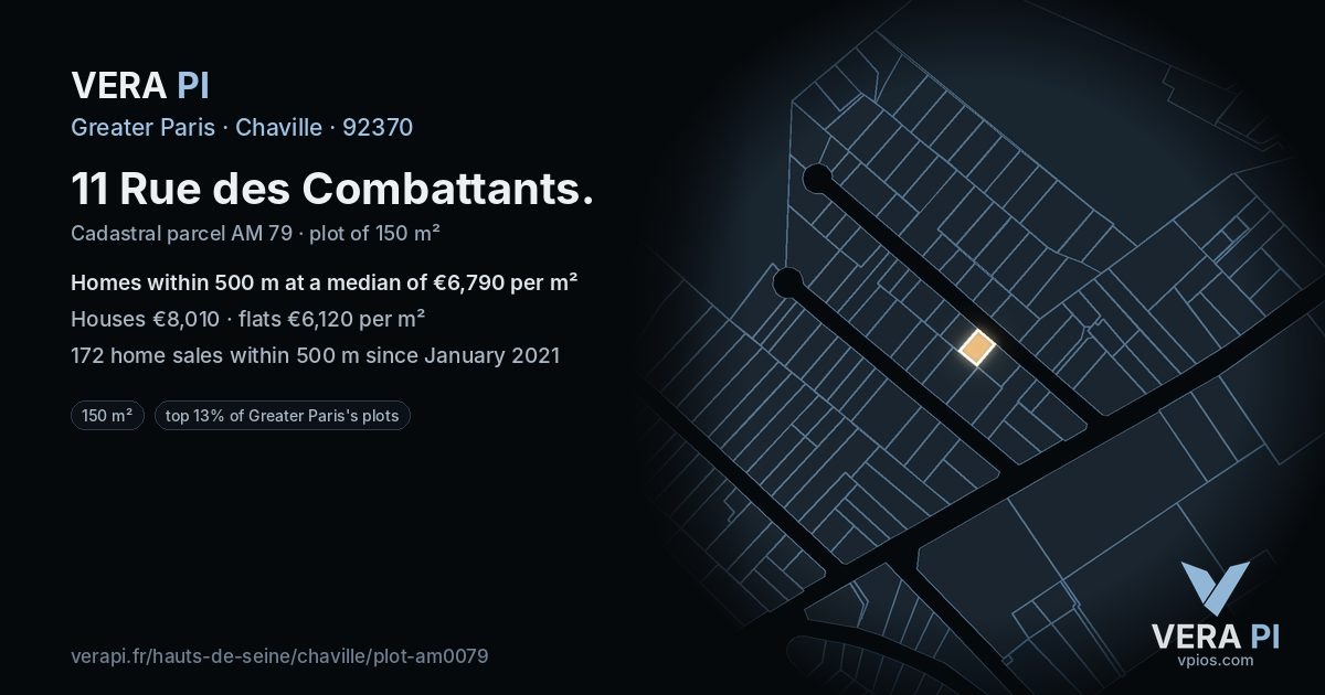 11 Rue des Combattants, Chaville at night – the plot lit, the parcels around coloured by the prices near them