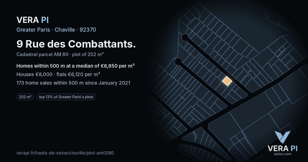9 Rue des Combattants, Chaville at night – the plot lit, the parcels around coloured by the prices near them