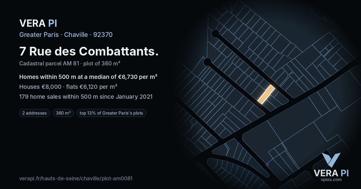 7 Rue des Combattants, Chaville at night – the plot lit, the parcels around coloured by the prices near them