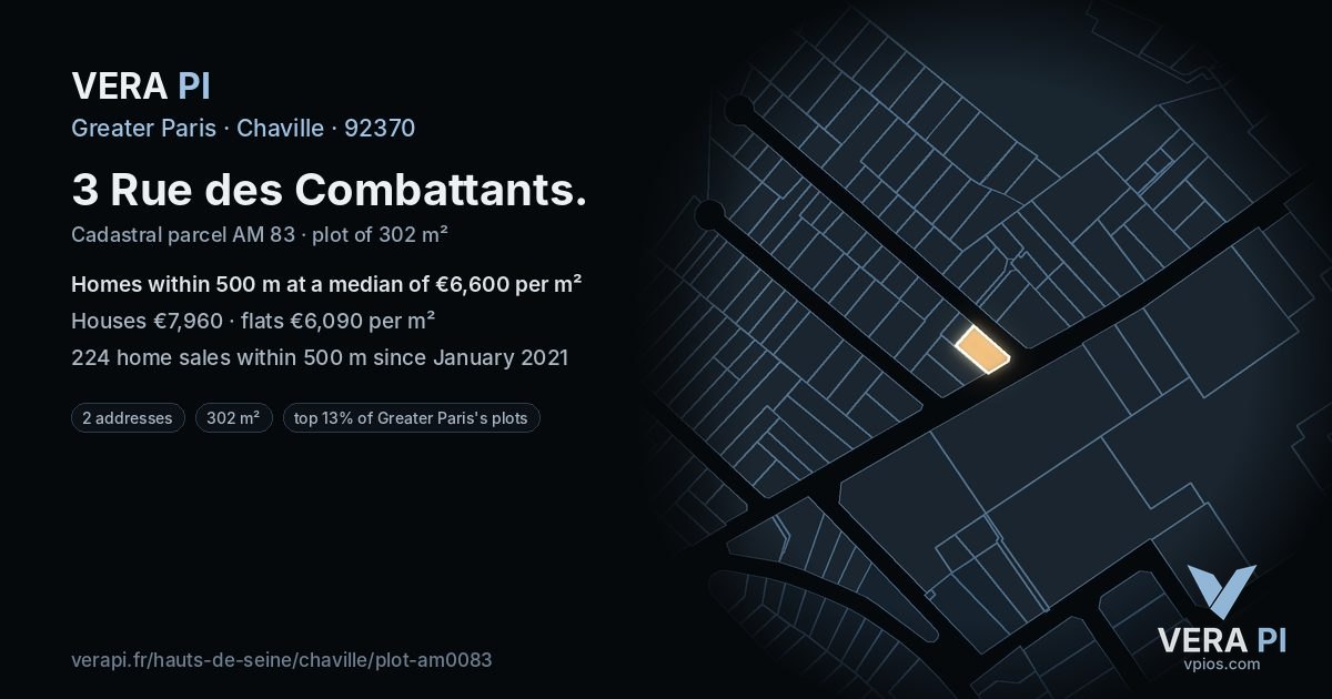 3 Rue des Combattants, Chaville at night – the plot lit, the parcels around coloured by the prices near them