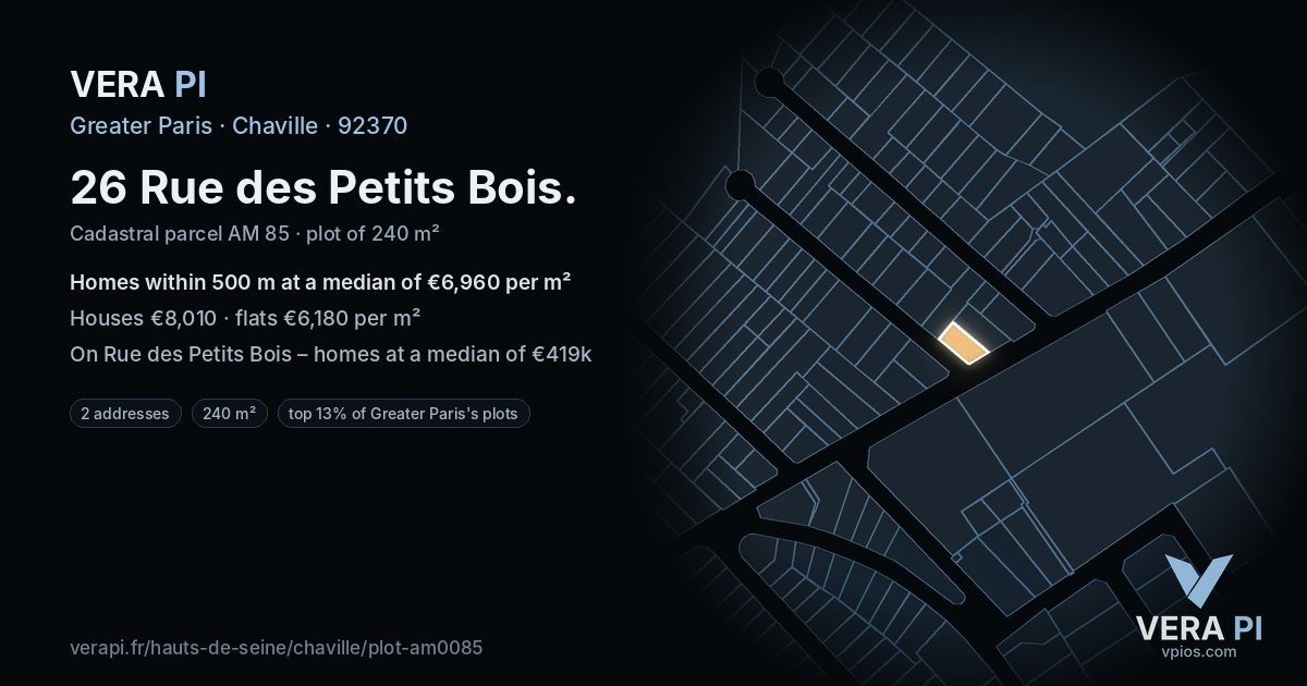 26 Rue des Petits Bois, Chaville at night – the plot lit, the parcels around coloured by the prices near them