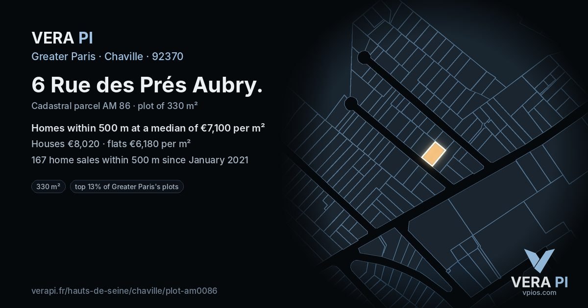 6 Rue des Prés Aubry, Chaville at night – the plot lit, the parcels around coloured by the prices near them