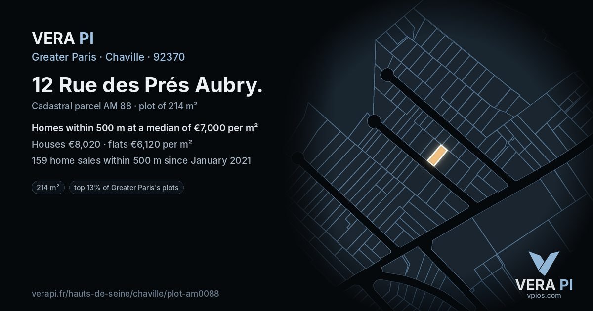 12 Rue des Prés Aubry, Chaville at night – the plot lit, the parcels around coloured by the prices near them