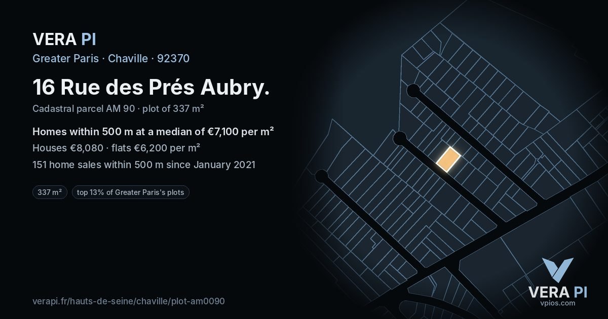16 Rue des Prés Aubry, Chaville at night – the plot lit, the parcels around coloured by the prices near them
