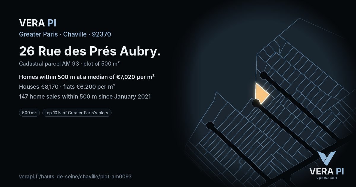 26 Rue des Prés Aubry, Chaville at night – the plot lit, the parcels around coloured by the prices near them
