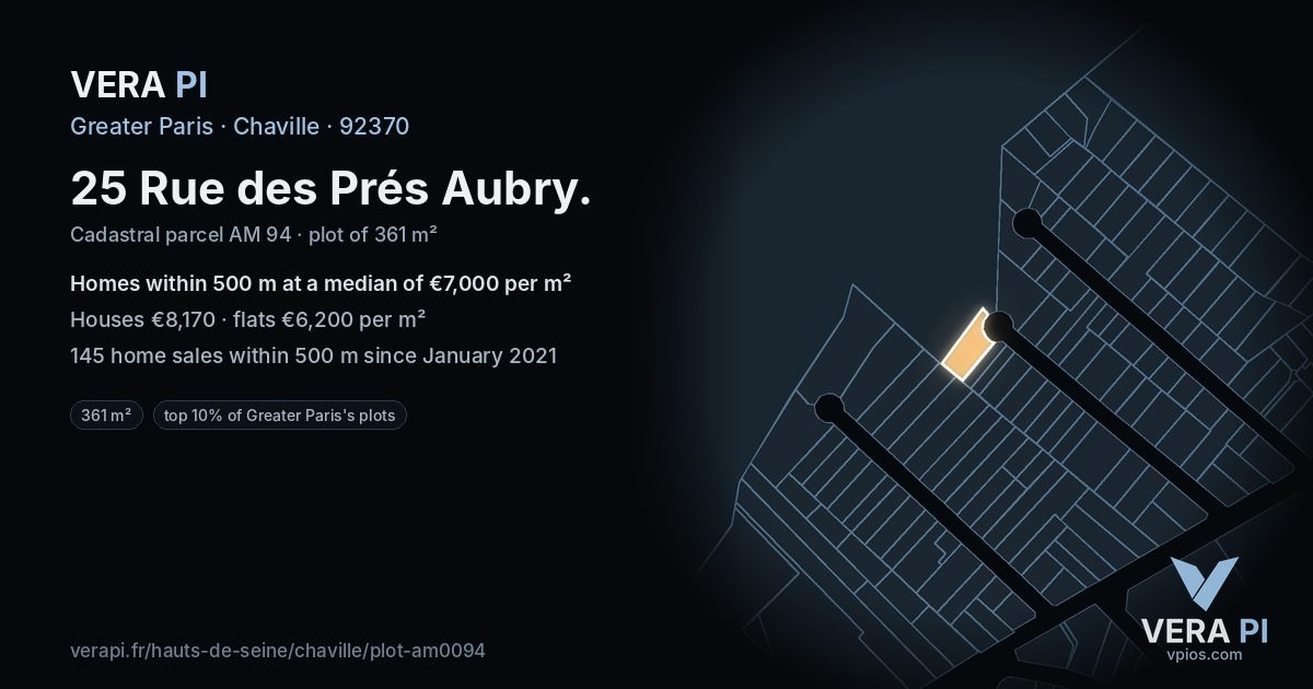 25 Rue des Prés Aubry, Chaville at night – the plot lit, the parcels around coloured by the prices near them