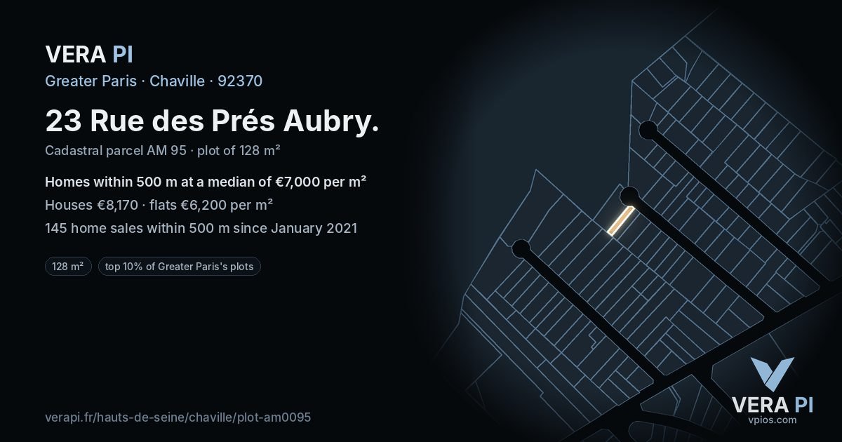 23 Rue des Prés Aubry, Chaville at night – the plot lit, the parcels around coloured by the prices near them