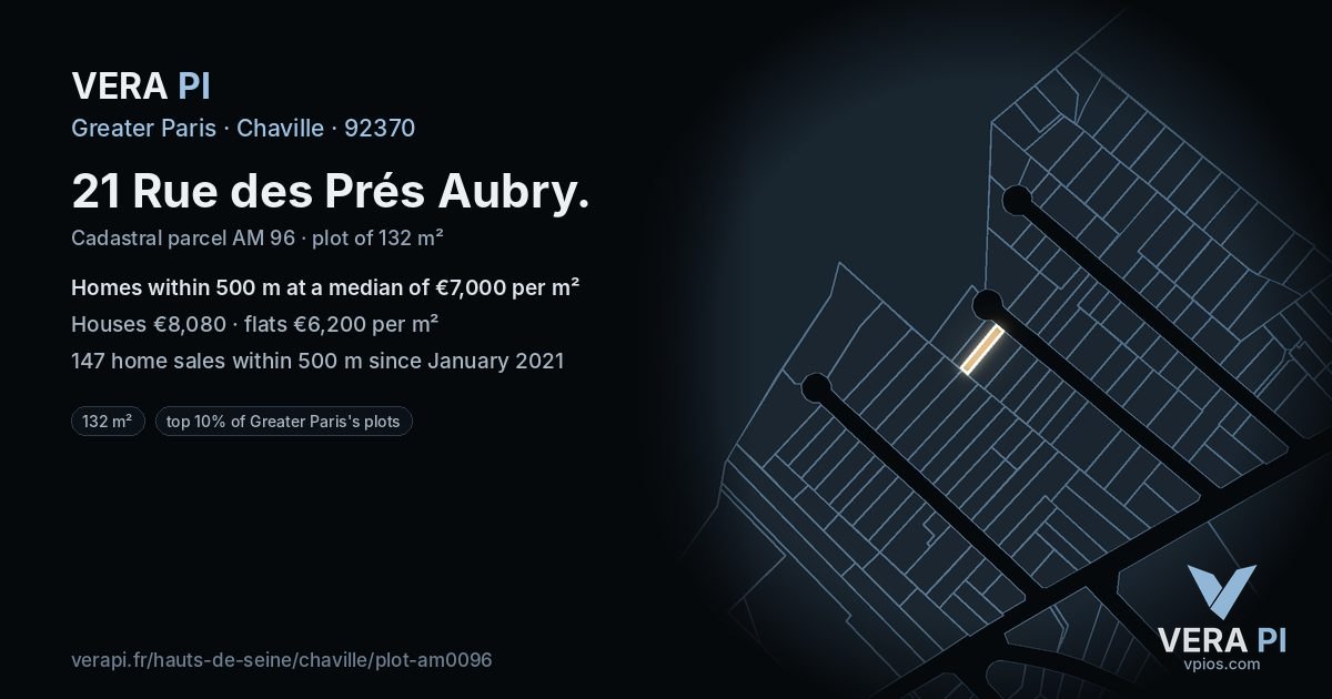 21 Rue des Prés Aubry, Chaville at night – the plot lit, the parcels around coloured by the prices near them