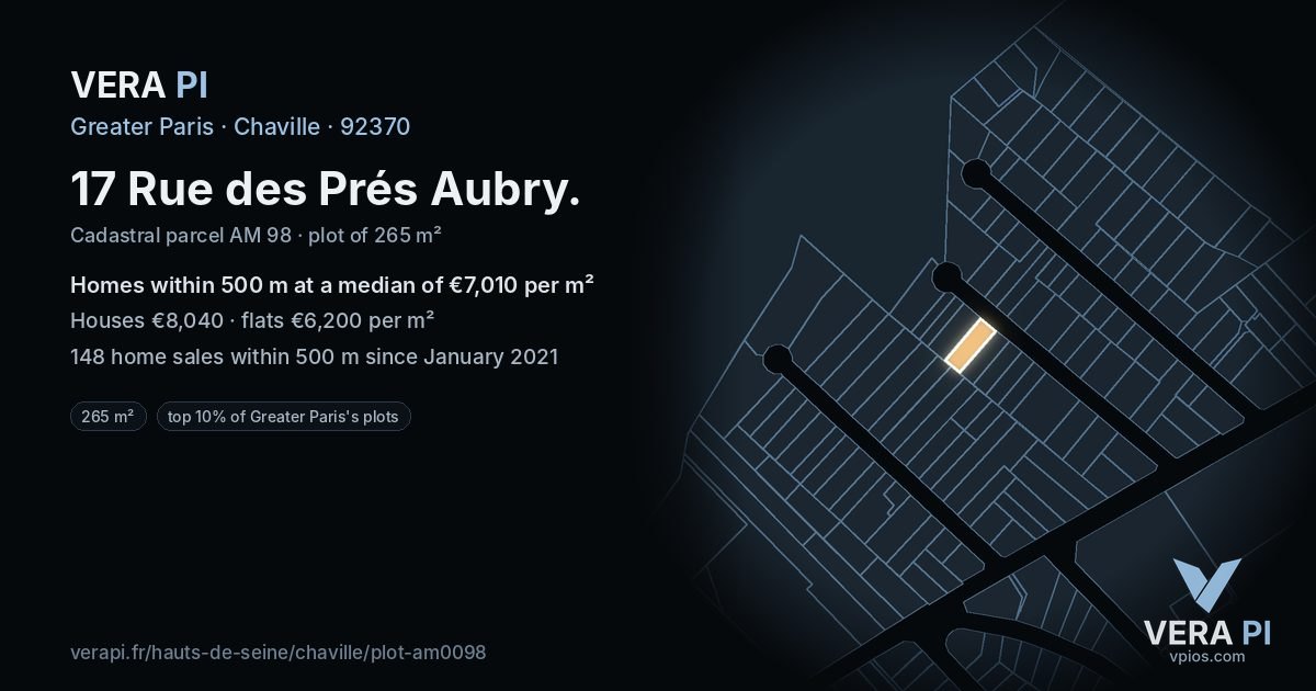 17 Rue des Prés Aubry, Chaville at night – the plot lit, the parcels around coloured by the prices near them