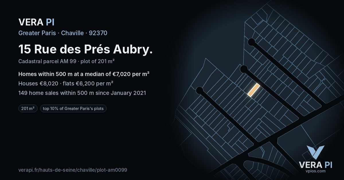 15 Rue des Prés Aubry, Chaville at night – the plot lit, the parcels around coloured by the prices near them