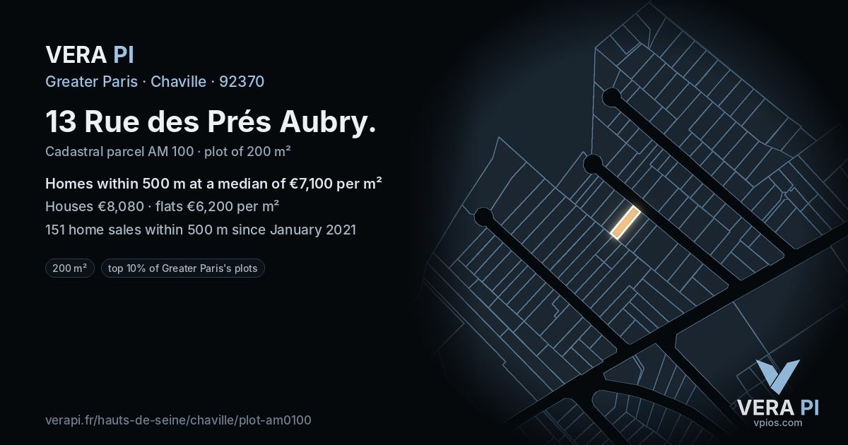 13 Rue des Prés Aubry, Chaville at night – the plot lit, the parcels around coloured by the prices near them