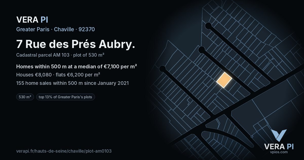 7 Rue des Prés Aubry, Chaville at night – the plot lit, the parcels around coloured by the prices near them