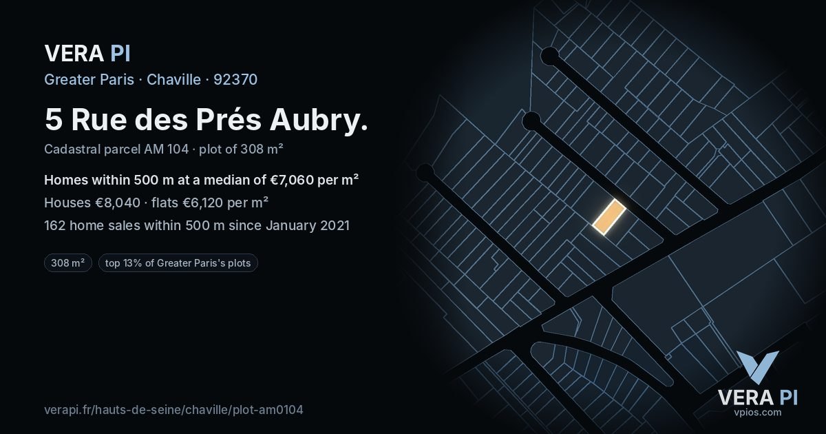 5 Rue des Prés Aubry, Chaville at night – the plot lit, the parcels around coloured by the prices near them