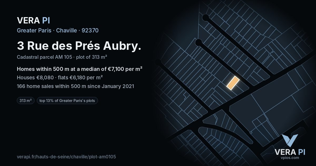 3 Rue des Prés Aubry, Chaville at night – the plot lit, the parcels around coloured by the prices near them