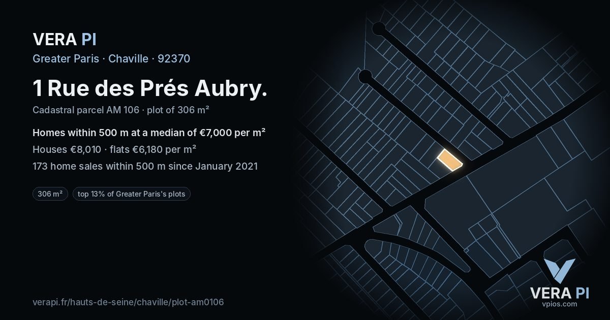 1 Rue des Prés Aubry, Chaville at night – the plot lit, the parcels around coloured by the prices near them