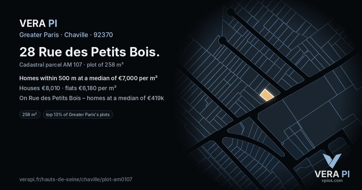 28 Rue des Petits Bois, Chaville at night – the plot lit, the parcels around coloured by the prices near them