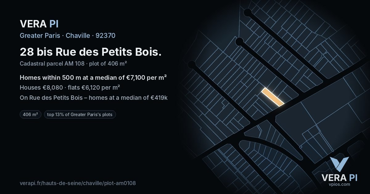 28 bis Rue des Petits Bois, Chaville at night – the plot lit, the parcels around coloured by the prices near them