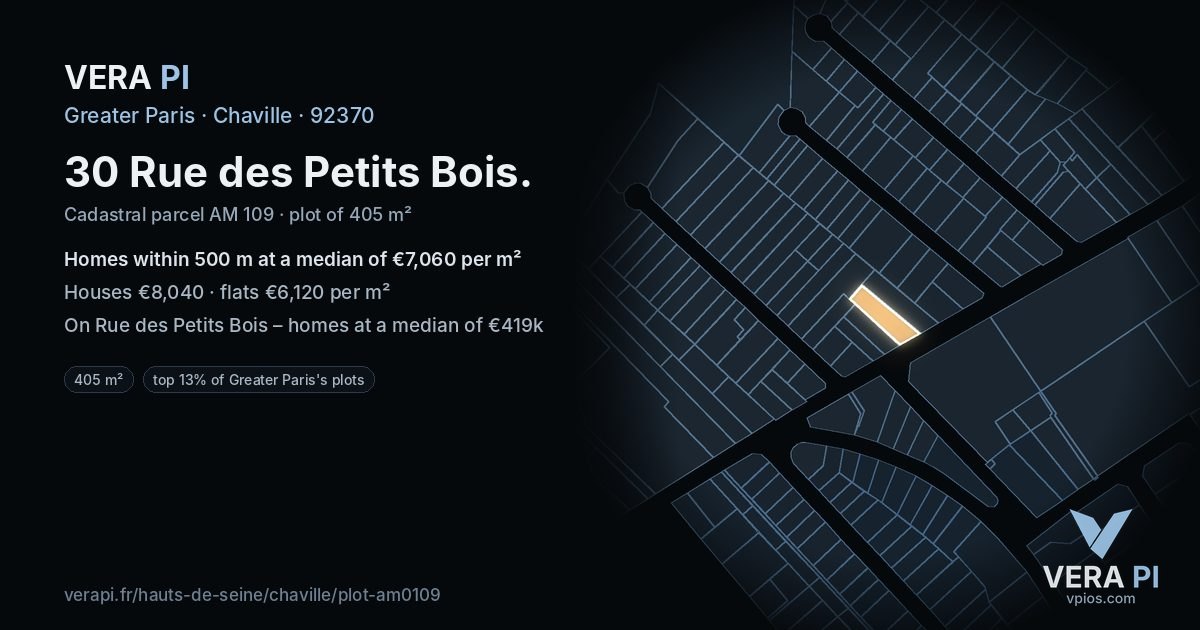 30 Rue des Petits Bois, Chaville at night – the plot lit, the parcels around coloured by the prices near them