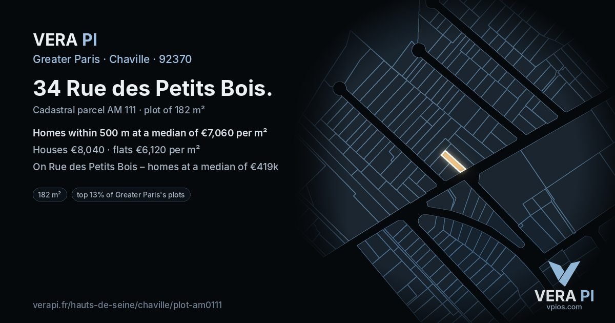 34 Rue des Petits Bois, Chaville at night – the plot lit, the parcels around coloured by the prices near them