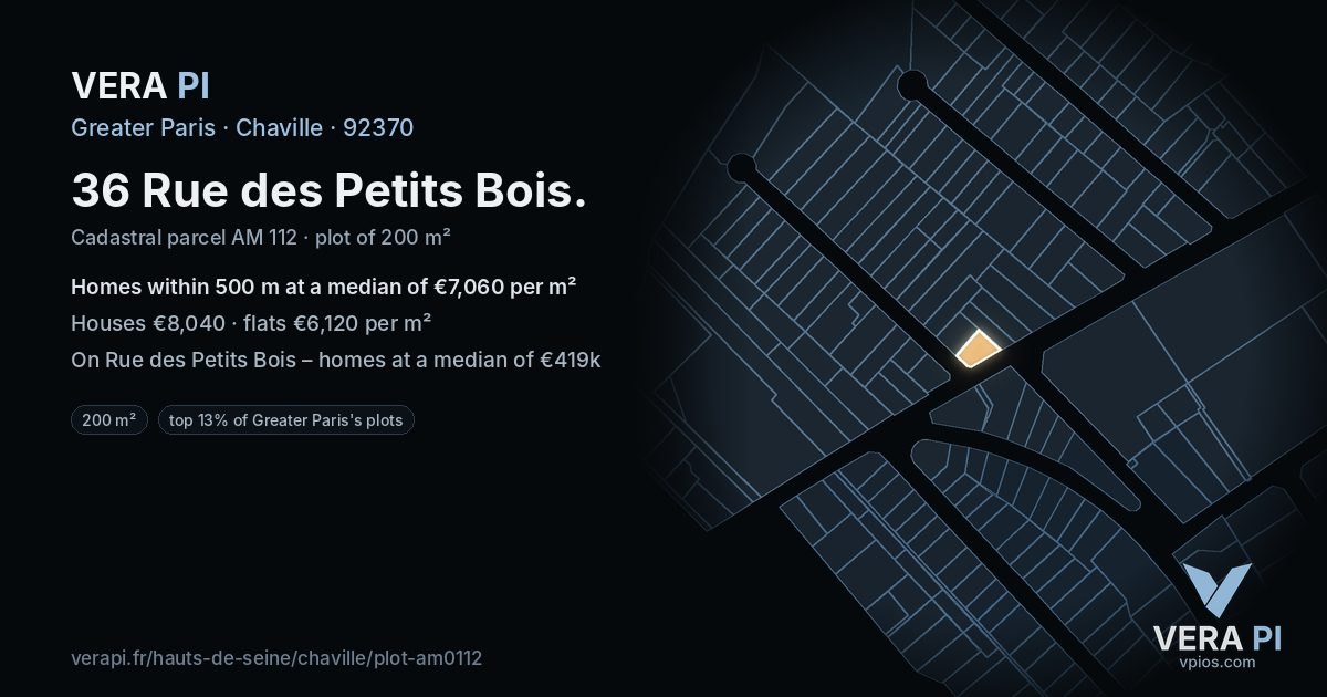 36 Rue des Petits Bois, Chaville at night – the plot lit, the parcels around coloured by the prices near them